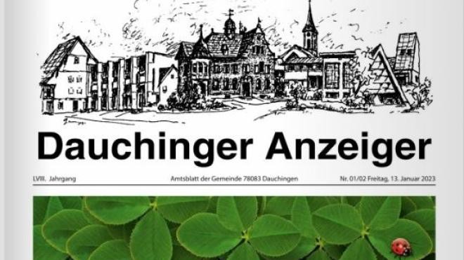 Deckblatt des Dauchinger Anzeigers mit dessen Logo und einem Aufdruck der Titelseite mit grünen Kleeblättern.