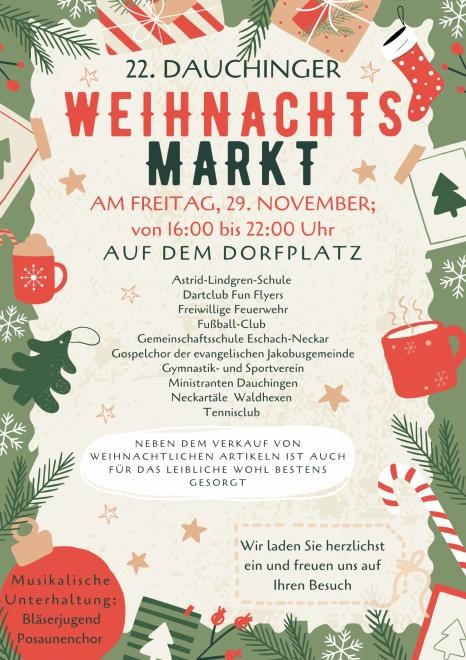 Flyer für den Weihnachtsmarkt der Gemeinde Dauchingen am 29.11.2024 auf dem Dorfplatz.