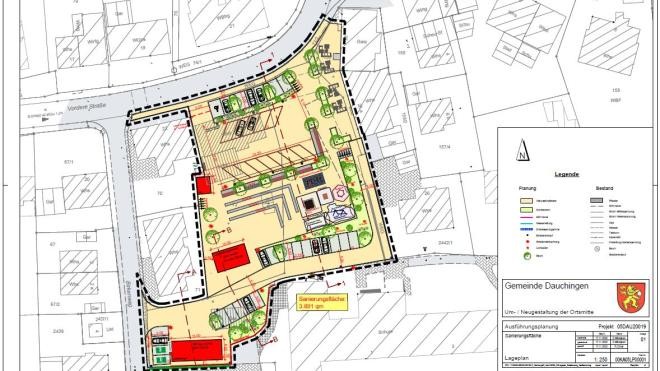 Lageplan mit angelegten Elementen des neu geplanten Ortsmitteplatzes.