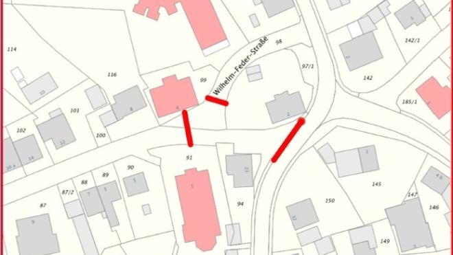 Der Plan zeigt den abgesperrten Bereich in der Wilhelm-Feder-Straße, welche in diesem Zeitraum nicht befahrbar ist.