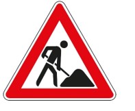 Rotes dreieckiges Verkehrsschild. Darin ein Bauarbeiter, der einen Haufen wegschaufelt.