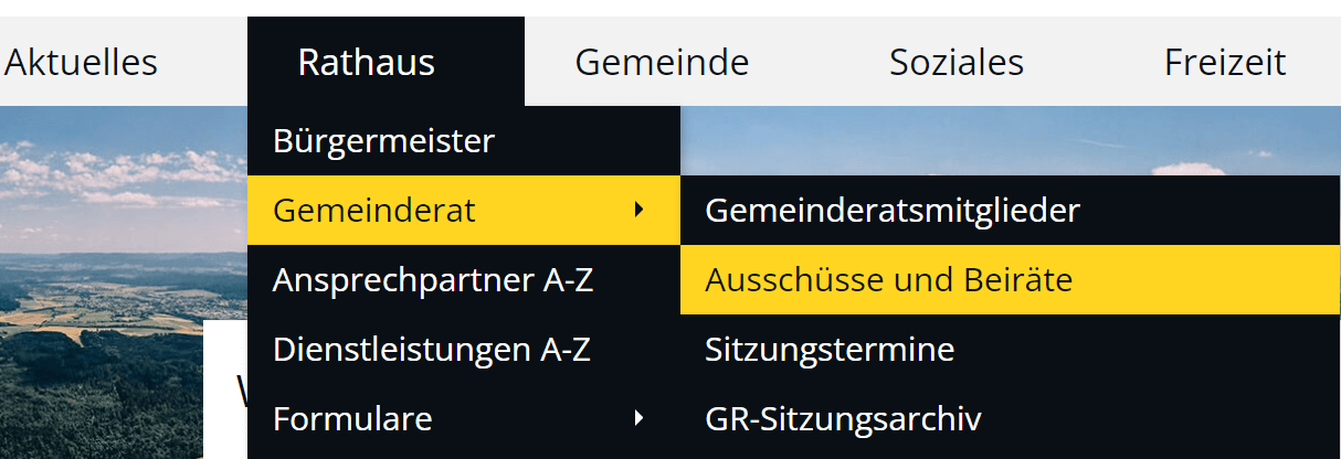 geöffnetes Menü des Bereichs Rathaus und des Punktes Gemeinderat