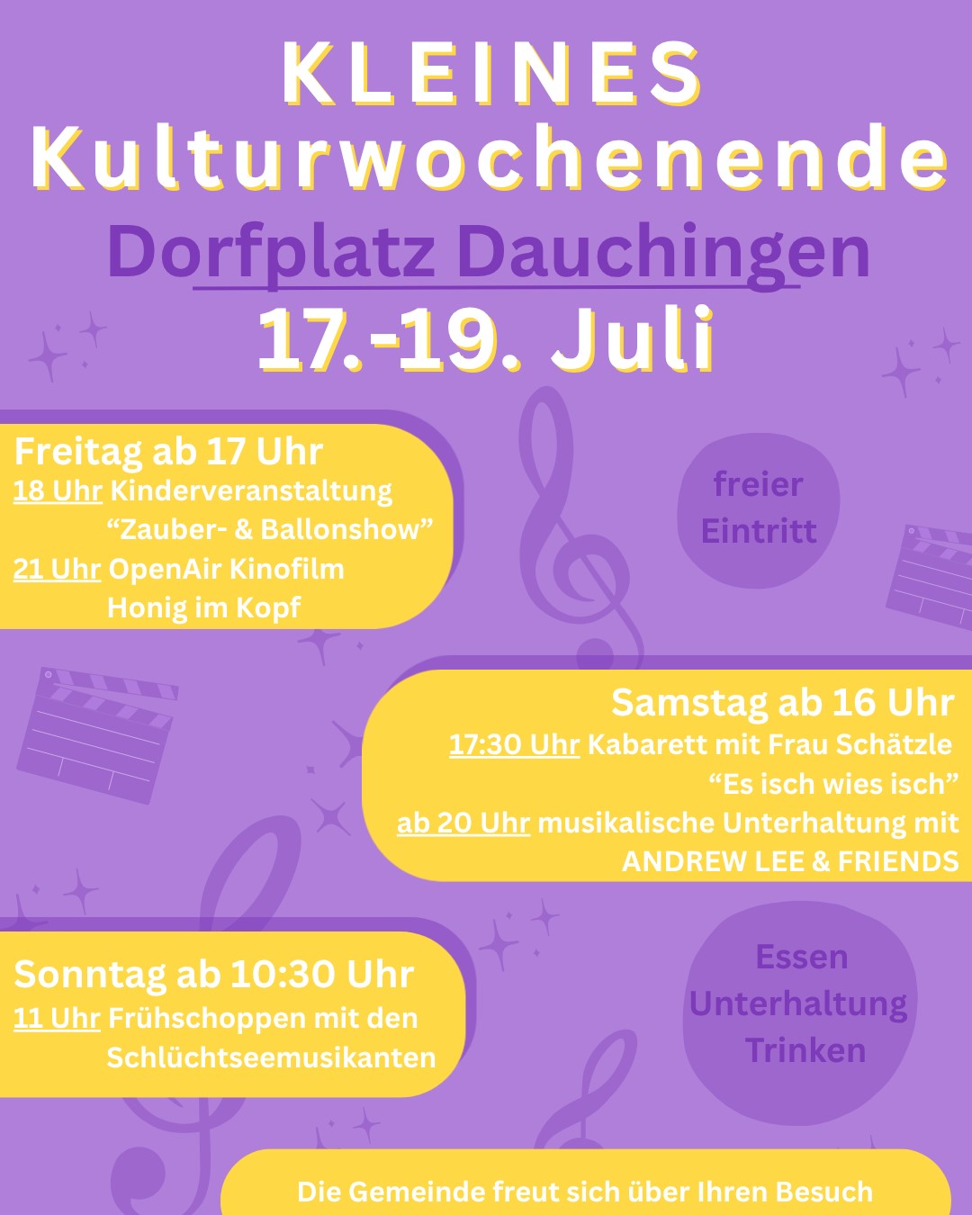 Einladungsflyer zum kleinen Kulturwochenende mit Programm vom 17.07. bis 19.07.2026 in lila mit gelben Elementen und überwiegend weißer Schrift.