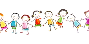 Gemalte Kinder die vergnügt sind.