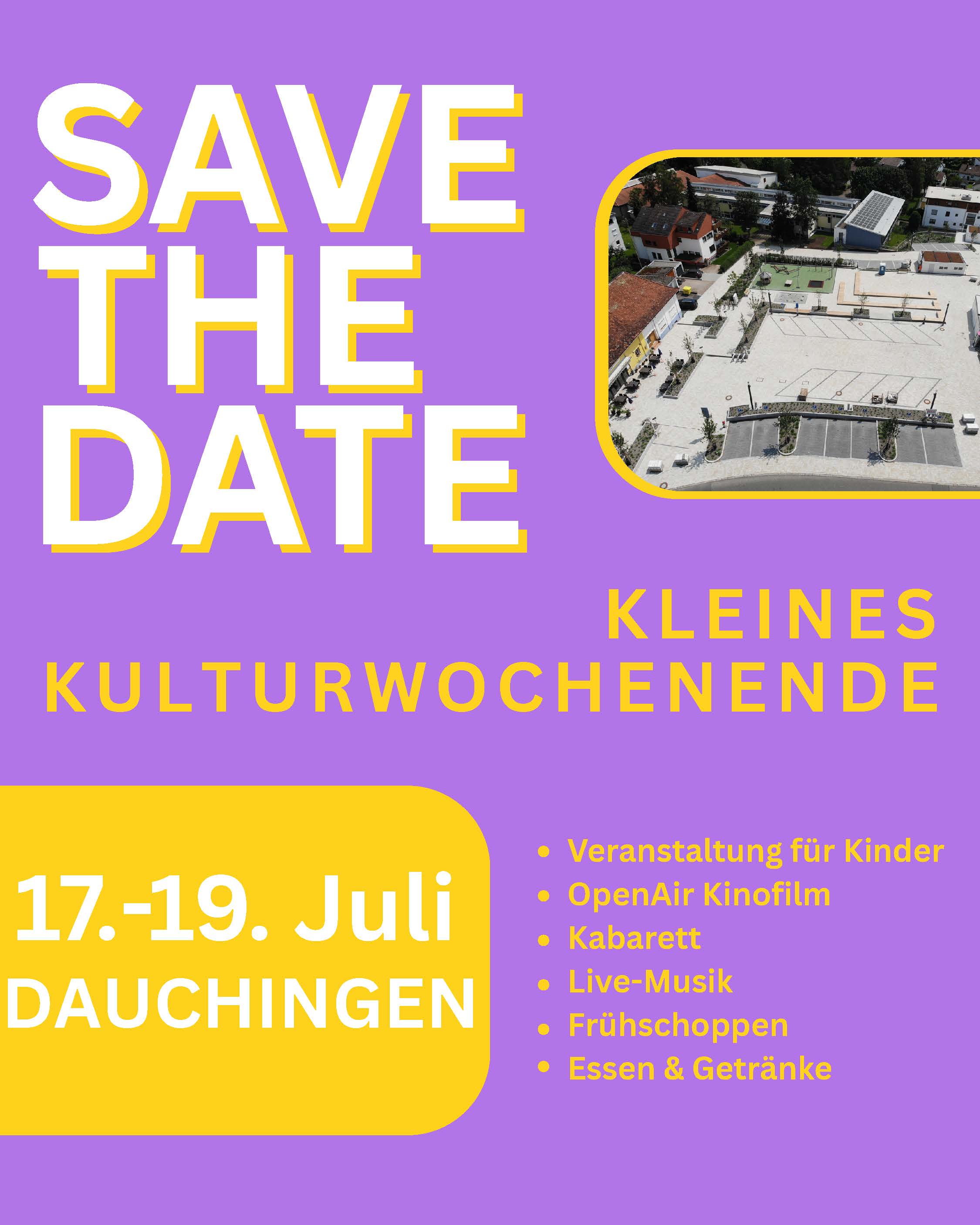 Flyer Safe the Date Kleines Kulturwochenende mit einer Vorschau auf das Programm. Der Hintergrund ist sehr knallig in lila.